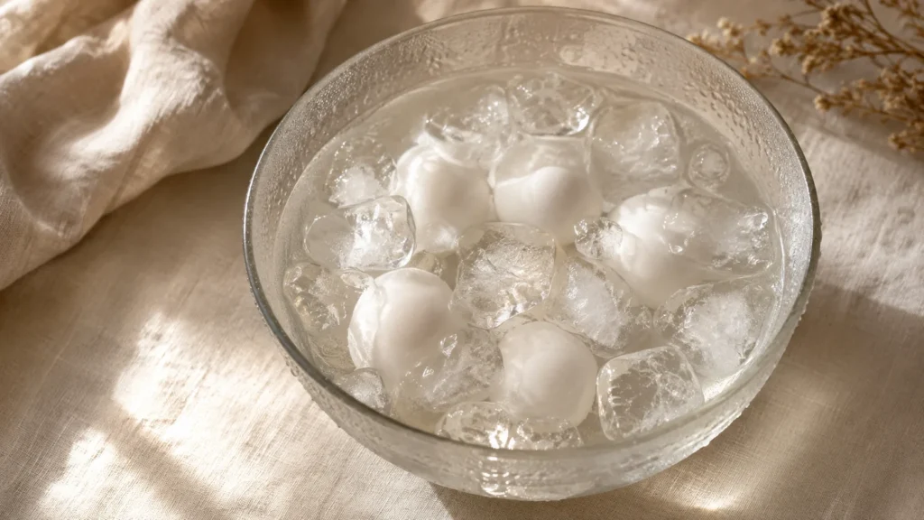 Boiled eggs cooling in a glass bowl of ice water