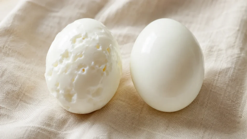 Two peeled eggs side by side, one cratered and torn, one perfectly smooth
