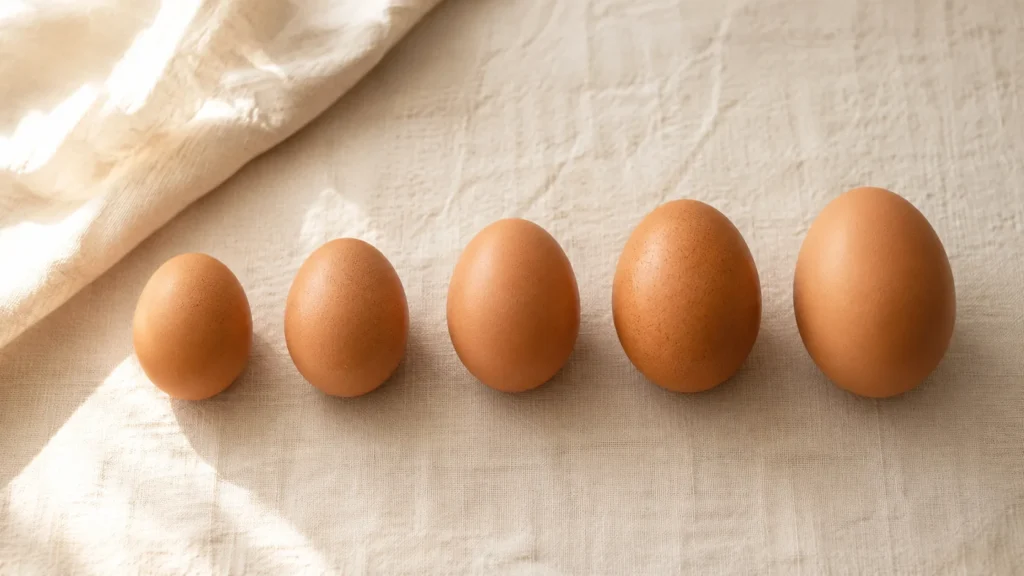 Five eggs in a row from small to jumbo showing the size difference