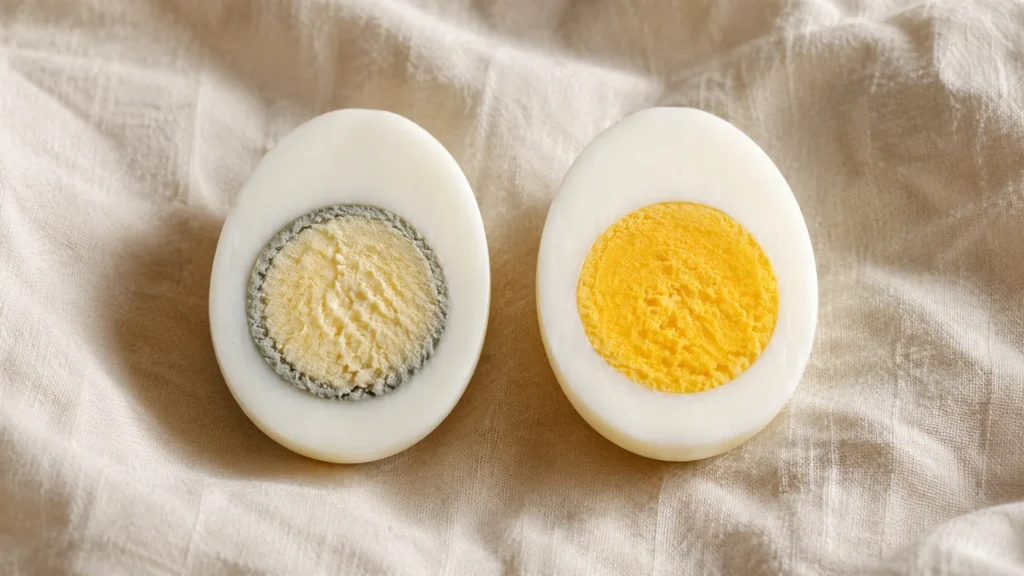 Two halved hard boiled eggs compared, one with a grey-green ring and one with a clean yellow yolk