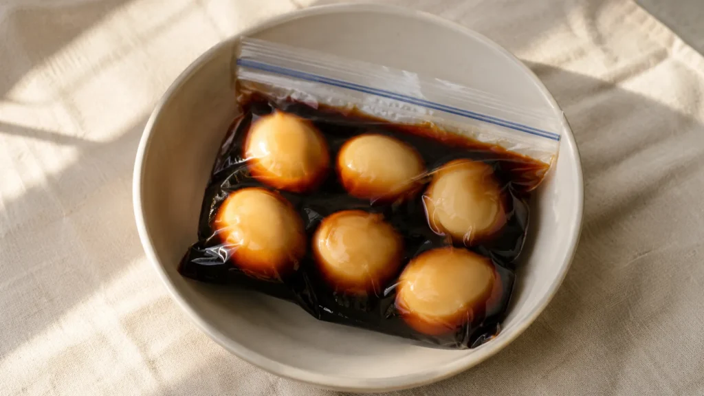 Peeled eggs submerged in dark marinade in a sealed bag