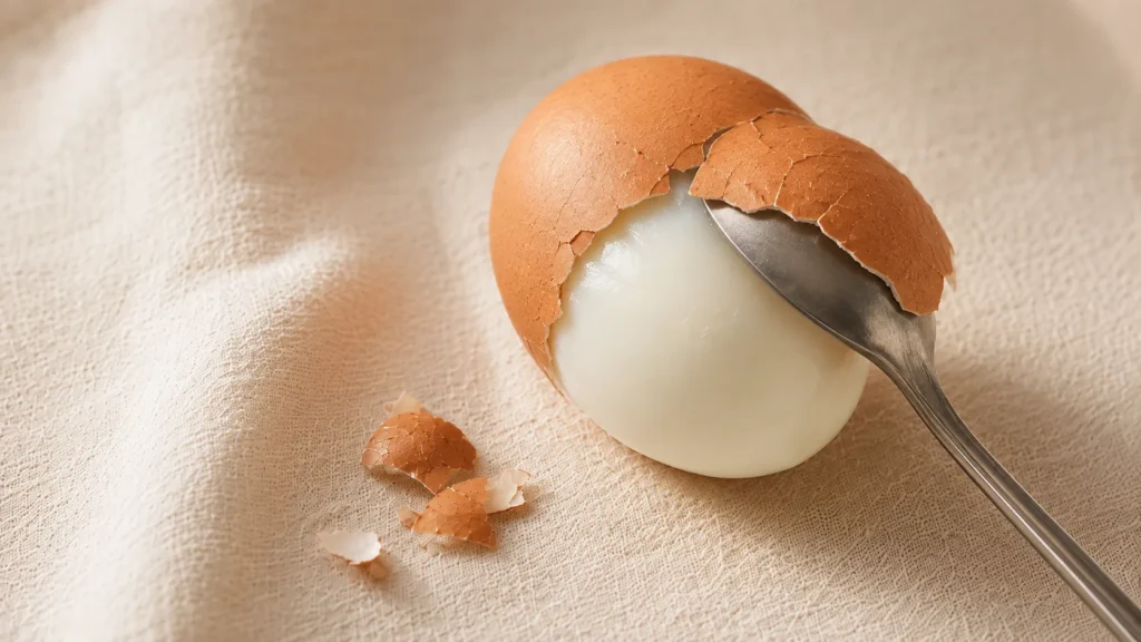 Teaspoon sliding under the shell of a soft boiled egg to lift it away in one piece